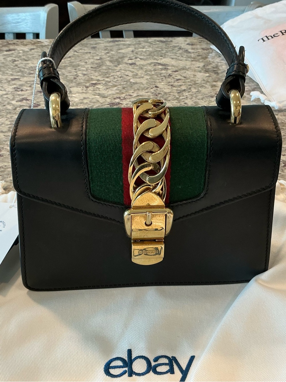 Gucci Black Leather Satchel with Green-Red Web and Gold Chain